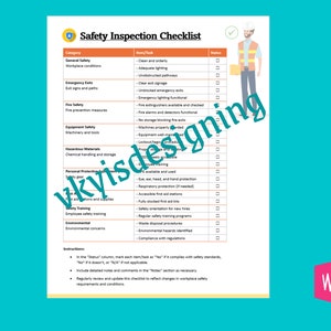 May include: A safety inspection checklist with a green shield logo and a checkmark. The checklist includes categories such as general safety, emergency exits, fire safety, equipment safety, hazardous materials, personal protection, safety training, and environmental concerns. Each category has a list of items to be inspected with a corresponding status column.