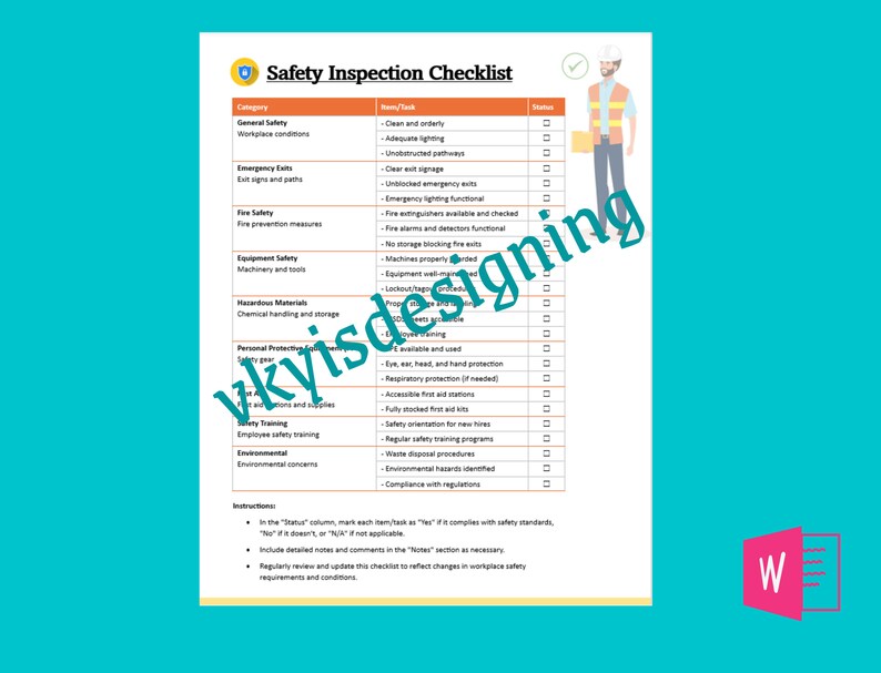 May include: A safety inspection checklist with a green shield logo and a checkmark. The checklist includes categories such as general safety, emergency exits, fire safety, equipment safety, hazardous materials, personal protection, safety training, and environmental concerns. Each category has a list of items to be inspected with a corresponding status column.