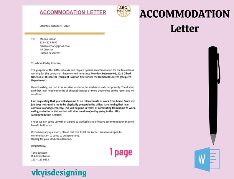 Accommodation Letter * Living Quarters - Quarters Request - HomeStay Request * Guest House Letter,Work Accommodation, Employee Accommodation, HR letter, Staff House Letter, Editable word