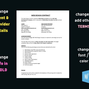 Pu&ograve; includere: Un documento in bianco e nero con il titolo "Contratto di web design" che delinea i termini di un contratto di web design tra Kathy Marron e ABC Web Development Company. Il documento include dettagli sul cliente, sul fornitore, sui servizi e sui prezzi.