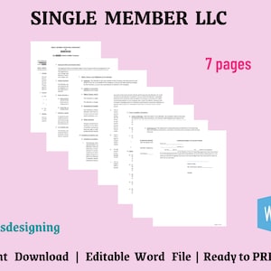 Könnte beinhalten: Ein digitaler Download eines 7-seitigen Single-Member-LLC-Dokuments im Word-Dateiformat. Das Dokument ist druckfertig. Das Bild zeigt einen schwarzen Stift und ein Microsoft Word-Symbol.