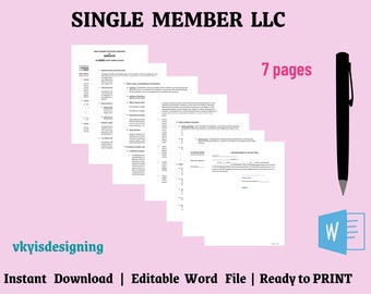 May include: A digital download of a 7-page single member LLC document in a Word file format. The document is ready to print. The image shows a black pen and a Microsoft Word icon.