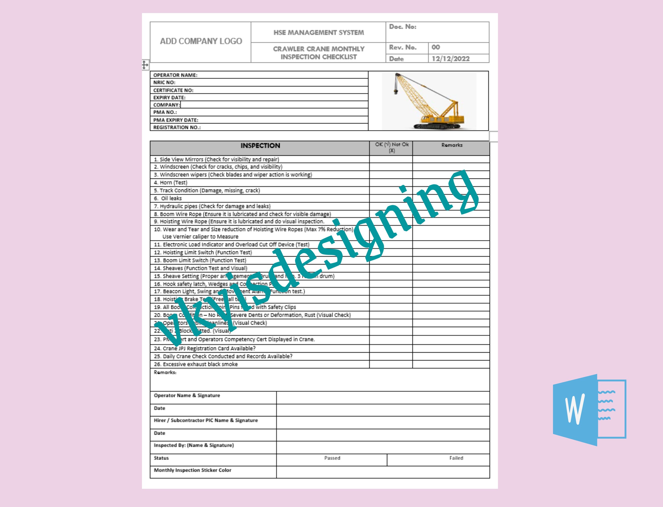 Crawler Crane Monthly Inspection Checklist, Safety Inspection(03)