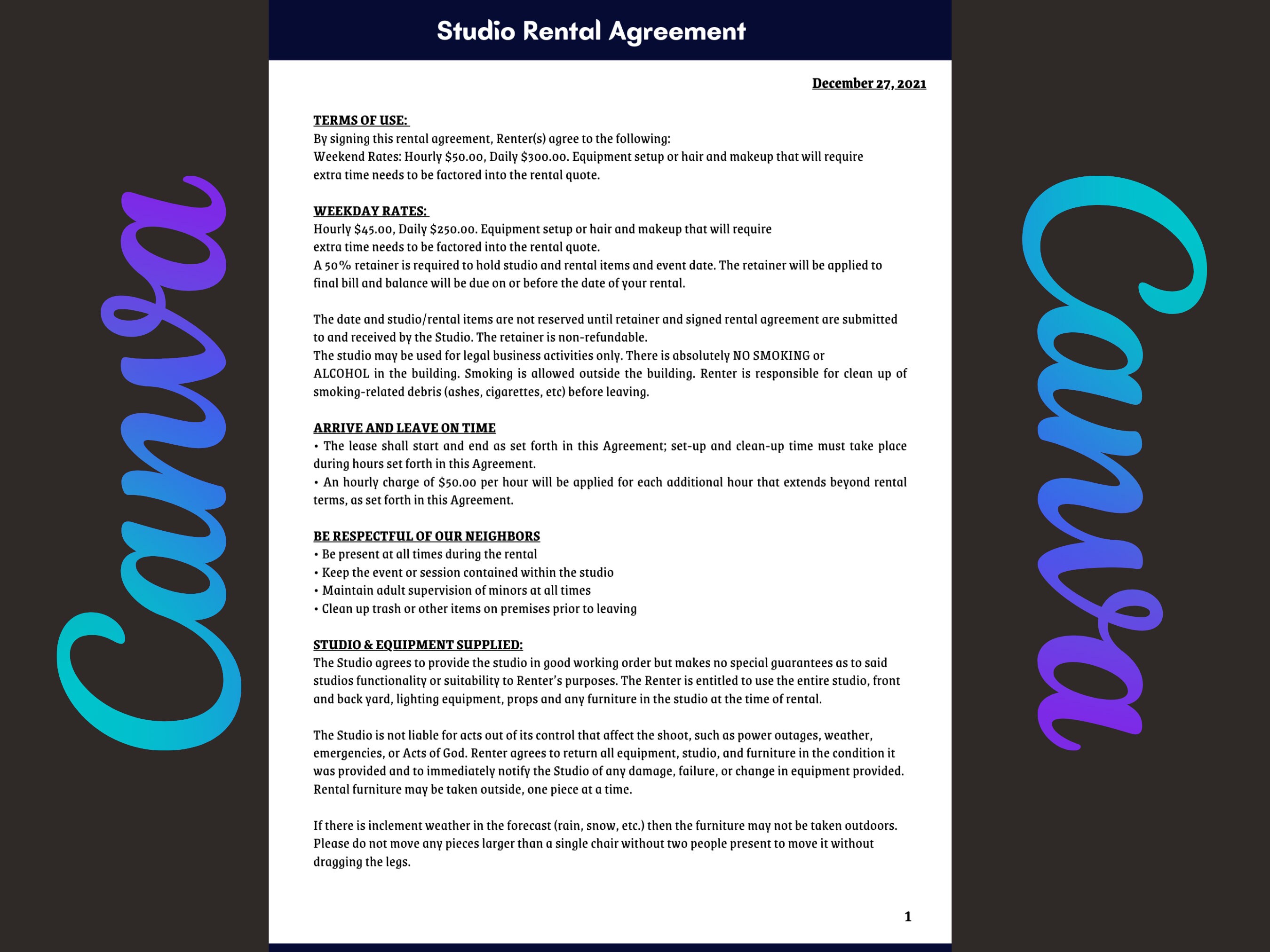 Studio Rental Agreement, Studio Contract, Photographer Contract, Studio