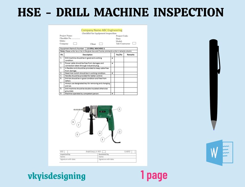 Drill Machine Inspection Checklist Health Safety Policy Etsy