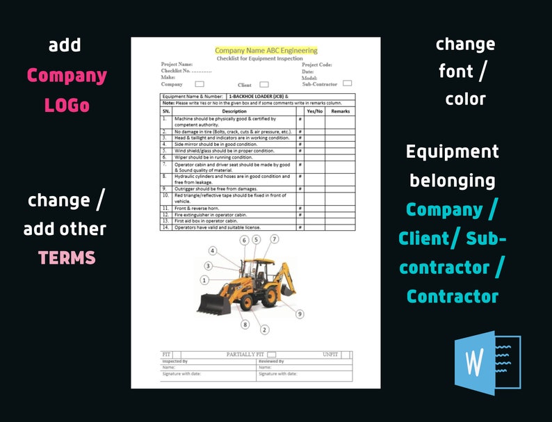 Backhoe Loader Inspection, Health Safety Policy, Safety Checklist ...