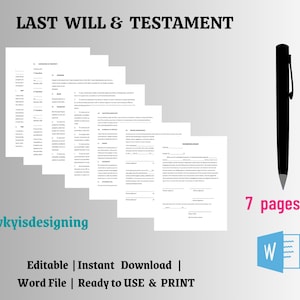 Könnte beinhalten: Ein Schwarzweißbild eines Rechtsdokuments mit dem Titel "LAST WILL & TESTAMENT". Das Dokument ist in sieben Seiten unterteilt und steht als editierbare Word-Datei zum sofortigen Download bereit. Der Text "vkvisdesigning" wird unterhalb des Dokuments angezeigt.