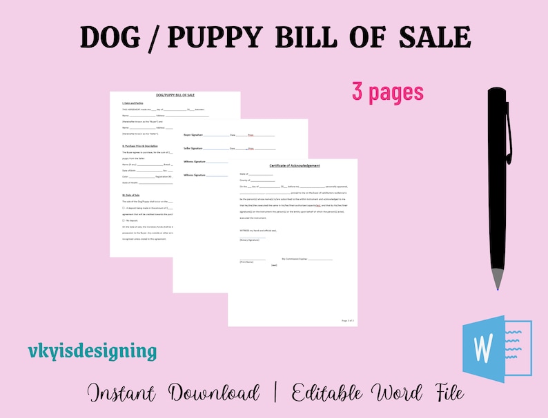 Dog Puppy Bill of Sale, Pet Bill of Sale, Puppy Agreement, Cat Selling
