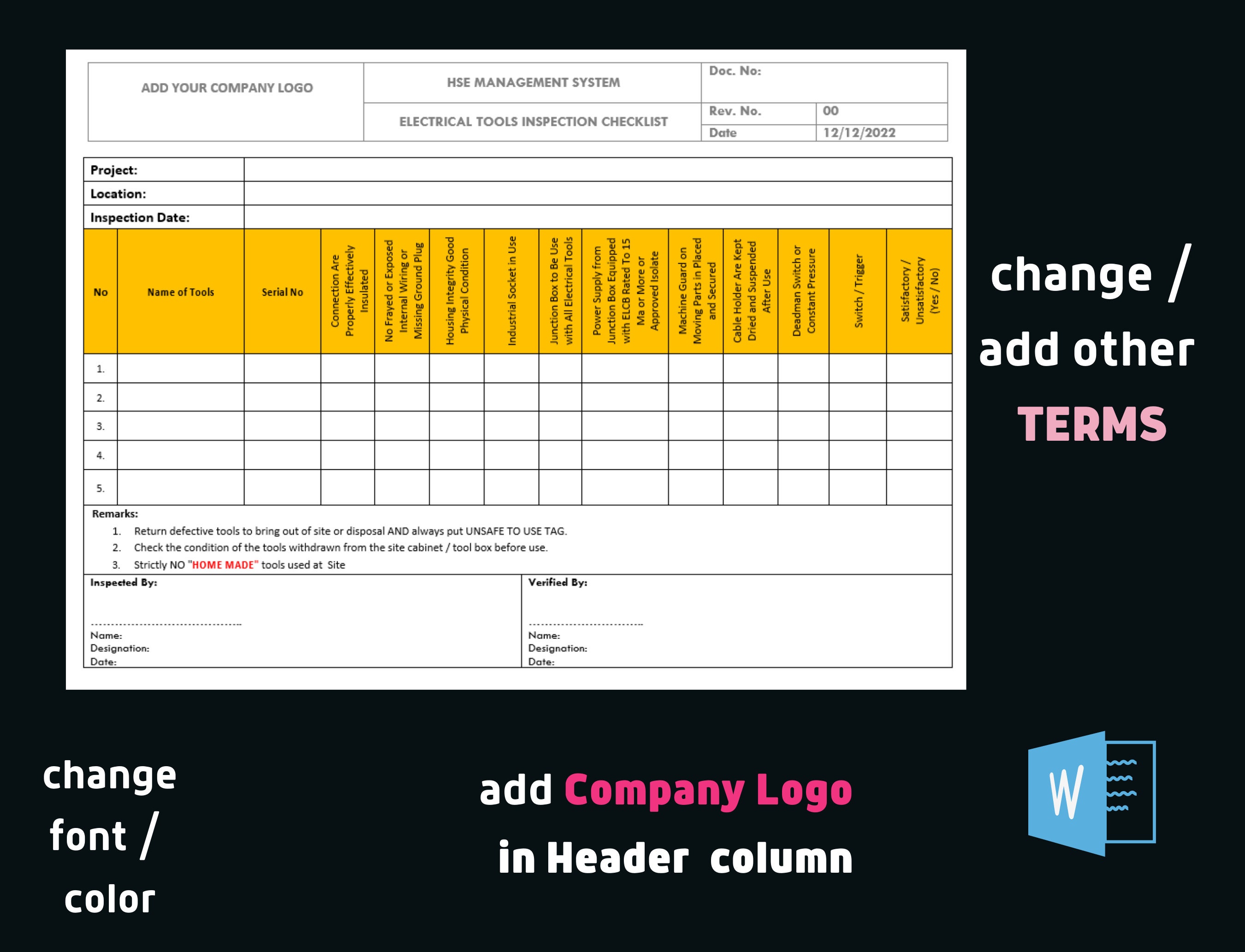 Electric Tools Inspection Checklist, Tools Inspection, Power Tool Checklist, Hand Tool Checklist