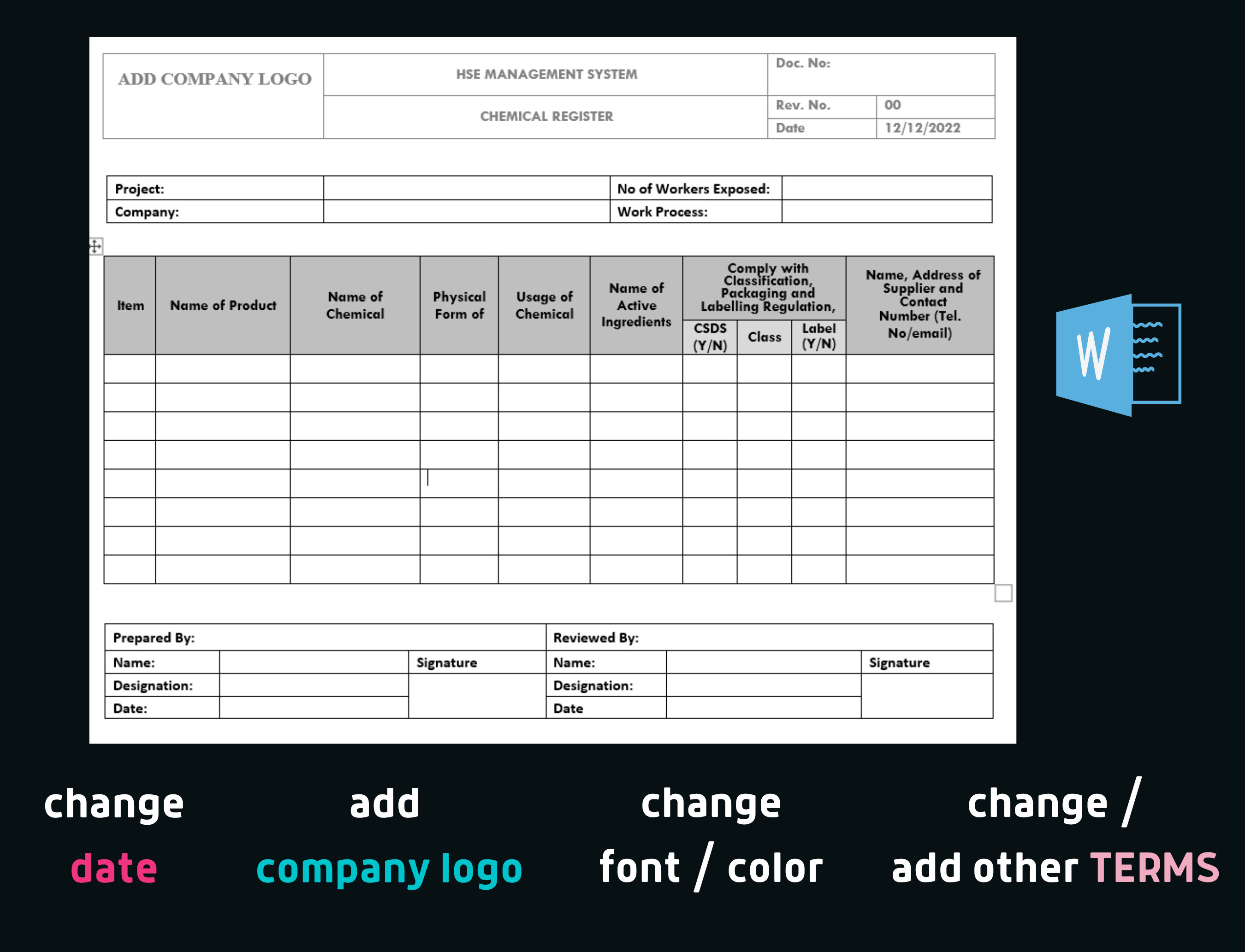 Chemical Register Template: HSE Safety Records (editable WORD) - Etsy ...
