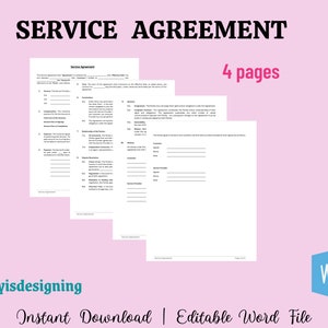 Service Agreement, Customer Agreement, Client Agreement, Work Agreement, Business Contract, Simple Contract, Easy to Edit, Editable Word