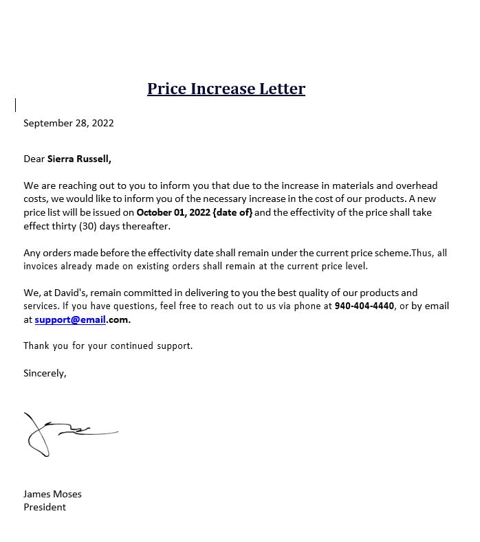Price Increase Letter * Business Letter - Price Increase Memo * Service ...