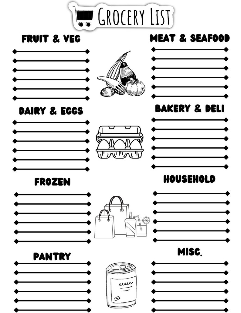 Printable Grocery List Etsy