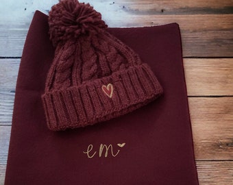 Berry Hat and Scarf Embroidered Set - Embroidered Heart and Personalisation - Pom Pom Hat - Scarf - Embroidered - Gift  - Mothers Day