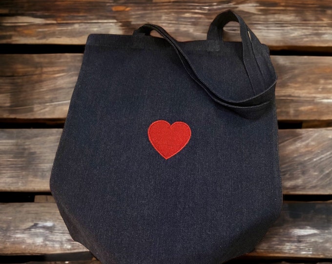 Featured listing image: Embroidered Dark Denim Tote Bag with a Red Love Heart Design x