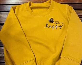 Children’s Bee Happy Embroidered Sweatshirt - Mustard Sweatshirt - Embroidered - Bee Happy - Children’s Sweatshirt - Yellow Sweatshirt