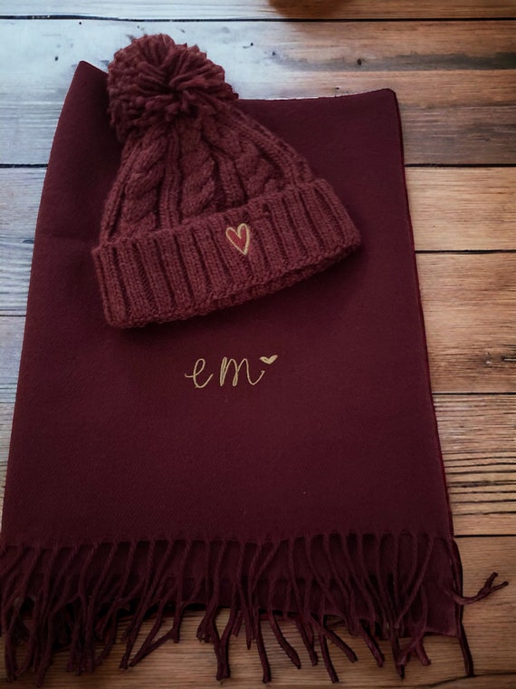 Berry Hat and Scarf Embroidered Set Embroidered Heart and Personalisation Pom Pom Hat Scarf Embroidered Gift Mothers Day Etsy UK