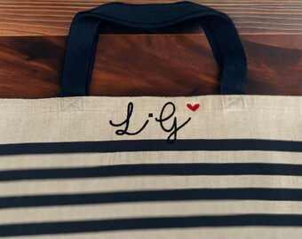 Beach Bag - Embroidered Beach Bag - Supersized - Family Beach Bag - Embroidered Initials - Beach Bag - Striped Beach Bag - Large Jute Bag