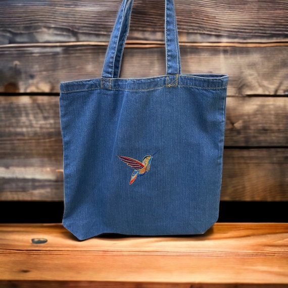 Denim Embroidered Tote Bag - Organic Tote Bag -  Embroidered Hummingbird Tote Bag - Denim Tote Bag - Organic Cotton Bag