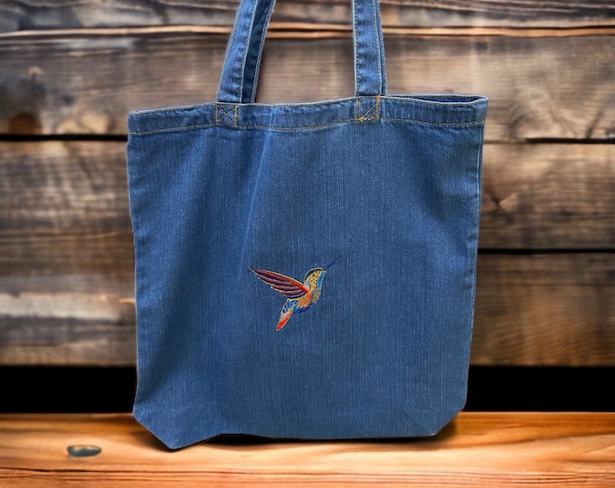 Featured listing image: Organic Denim Tote Embroidered with a Lovely Hummingbird Design.