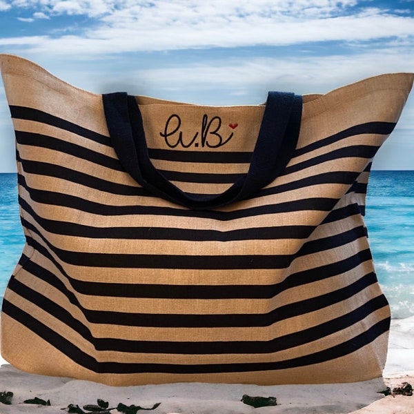 Beach Bag - Embroidered Beach Bag - Supersized - Family Beach Bag - Embroidered Initials - Beach Bag - Striped Beach Bag - Large Jute Bag