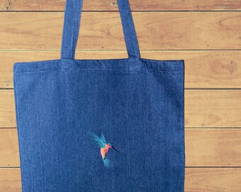 Denim Tote Bag - Embroidered Hummingbird - Embroidered Denim Bag - Sustainable -  - Mothers DayGift - Tote Bag - Hummingbird Mothers Day