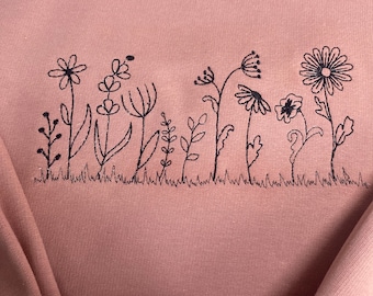 Sweat-shirt brodé fleurs sauvages - Sweat fleurs sauvages - Sweat rose - Pull femme - Fleurs - Rose - Fête des Mères