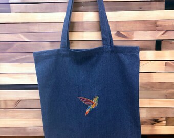 Denim Embroidered Tote Bag - Hummingbird Design - Denim Bag  - Mothers Day