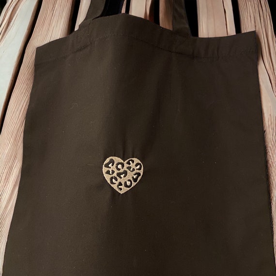 Black Tote Bag - Embroidered Heart Tote Bag - Silver Leopard Print Heart - Canvas Bag - Embroidered Heart Tote Bag - Tote Bag - Organic Bag