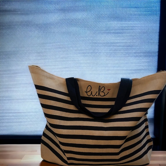 Beach Bag - Embroidered Beach Bag - Supersized - Family Beach Bag - Embroidered Initials - Beach Bag - Striped Beach Bag - Large Jute Bag