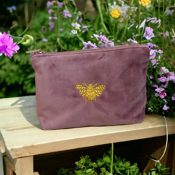 Velvet Accessory Bag in Rose Quartz with Embroidered Bee Design - Velvet Make-up Bag - Velvet Bee Bag - Embroidered Cosmetic Bag