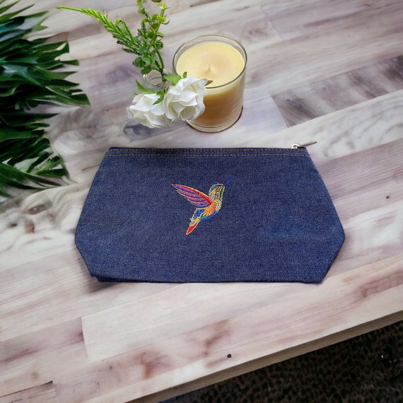 Denim Cosmetic Bag - Embroidered Hummingbird - Makeup Bag - Accessory Bag - Denim Bag - Embroidered Denim Makeup Bag - Gift