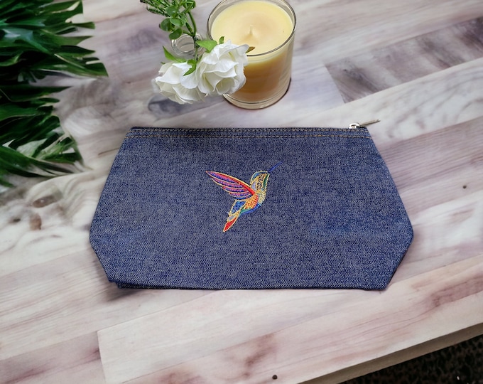 Featured listing image: Denim Cosmetic Bag, Embroidered with a Beautiful Hummingbird x