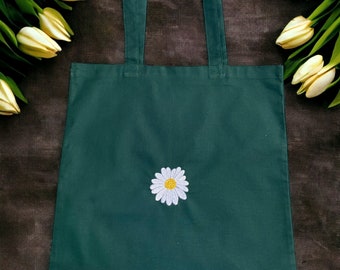 Embroidered Daisy Tote Bag - Green Cotton Bag - Sustainable - Embroidered Daisy - Green Tote Bag - Daisy Bag - Gift  - Mothers Day