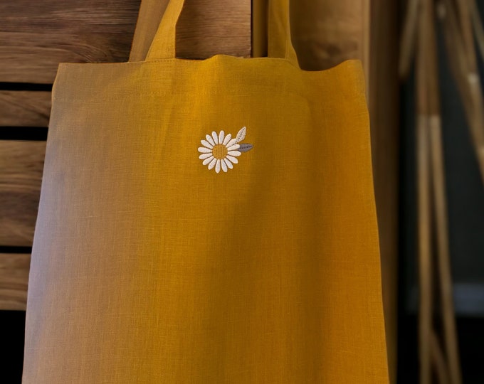 Featured listing image: Natural linen Tote Bag in a Beautiful Mustard Colour, Embroidered with a Pretty Daisy Design x