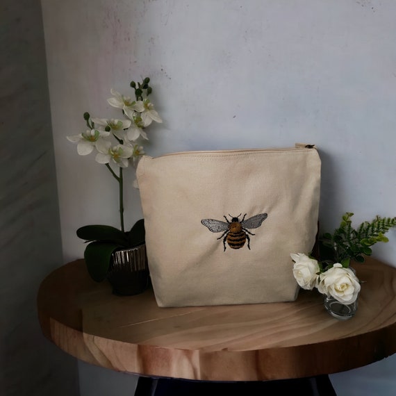 Cotton Wash Bag - Large Cosmetic Bag - Organic Bag - Embroidered Bee Design - Accessory Bag - Cosmetic Bag - Gift for Her - Birthday Gift