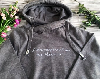 I Wear My Heart On My Sleeve - Luxury Cowl Neck Hoodie - Embroidered Grey Hoodie - Personalised - Gift For Her