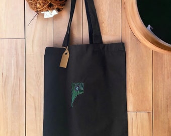 Black Organic Embroidered Tote Bag With Peacock Feather Design - Self Gift - Gift For Her - Birthday Gift - Canvas Tote - Shopping Bag