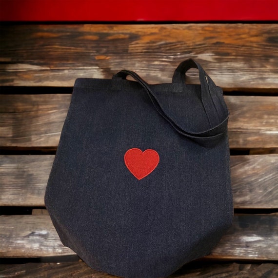 Embroidered Denim Tote Bag - Embroidered Heart Design - Heart Tote Bag - Denim Tote Bag - Blue Tote Bag - Embroidered Heart Tote