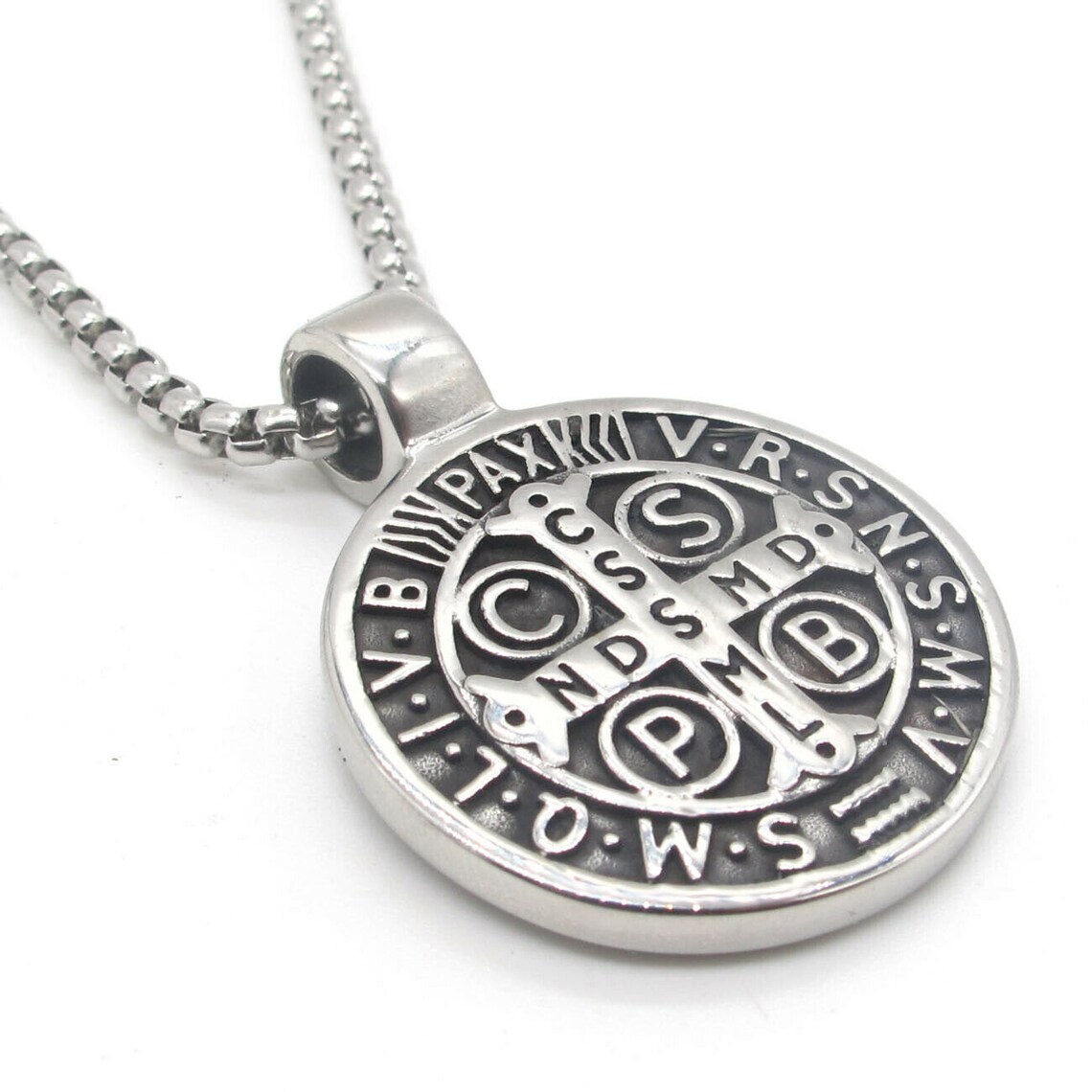 Saint St Benedict Medal Necklace Pendant Stainless Steel Etsy