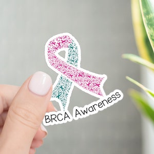 May include: A sticker featuring a pink and teal ribbon composed of smaller ribbons. The sticker reads "BRCA Awareness" in black text. The background is a blurred image of a plant and a gray wall.