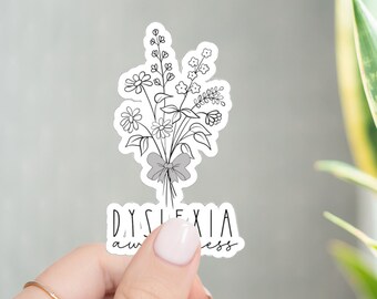 Wildflowers Dyslexia Sticker for Dyslexia Awareness Month Sticker Gray Ribbon Sticker Gift for Learning Disabilities Awareness ADHD Sticker