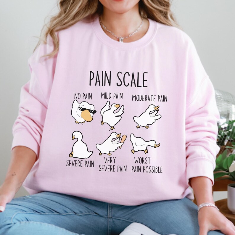 May include: A pink sweatshirt with a pain scale graphic featuring cartoon ducks in various poses. The text reads "Pain Scale" and includes levels from "No Pain" to "Worst Pain Possible".