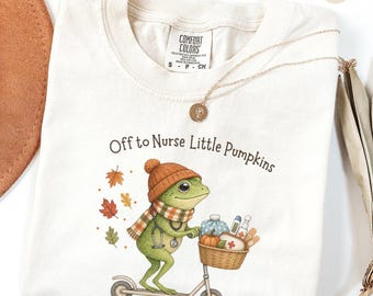 T-shirt d'infirmière d'automne avec une grenouille amusante, cadeau pour infirmière scolaire, tenue d'infirmière d'automne, couleurs confortables