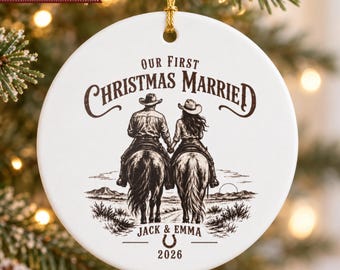Ornement de Noël western pour jeunes mariés, cadeau personnalisé pour le premier rodéo, style western, couple champêtre, mari et femme, mariage d'automne 2026