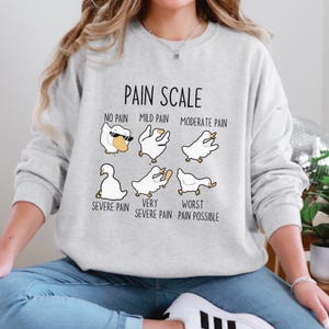 May include: A gray sweatshirt with a white graphic of a pain scale using cartoon geese. The text reads "Pain Scale" and includes the following levels of pain: "No Pain", "Mild Pain", "Moderate Pain", "Severe Pain", "Very Severe Pain", and "Worst Pain Possible".