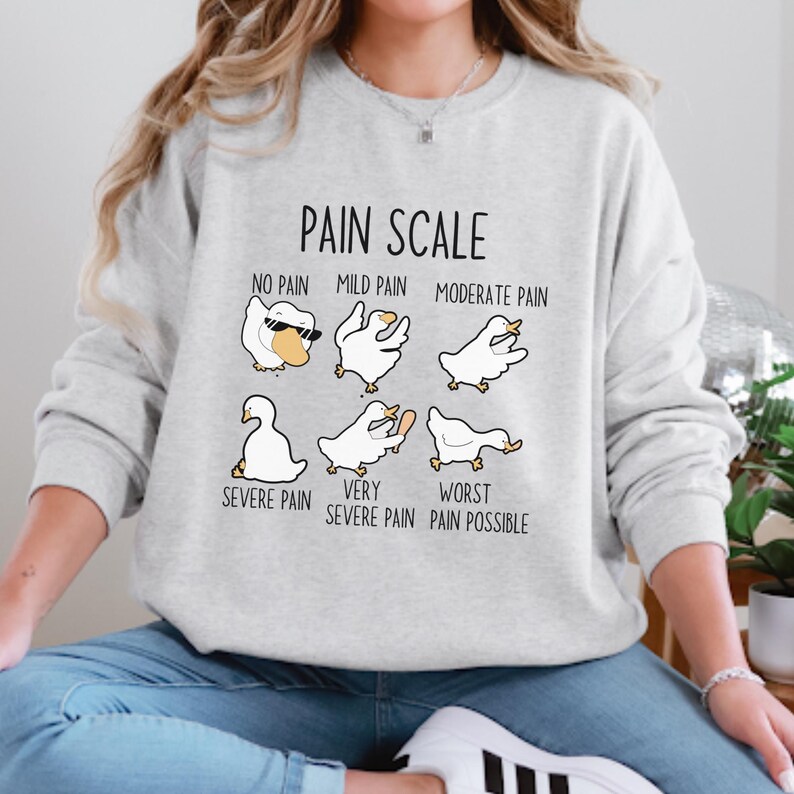 May include: A gray sweatshirt with a white graphic of a pain scale using cartoon geese. The text reads "Pain Scale" and includes the following levels of pain: "No Pain", "Mild Pain", "Moderate Pain", "Severe Pain", "Very Severe Pain", and "Worst Pain Possible".