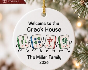 Ornement de Noël personnalisé pour les amateurs de Mahjong : nom de famille, ornement en céramique, cadeau pour une hôtesse ou un groupe d'amis (2026), club de Mahjong