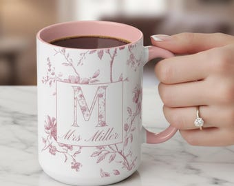 Personalized Mrs Mug Custom Last Name Cup Floral Initial Accent Mug Bridal Shower Gift Newlywed Wife Monogram Coffee Cup Engagement Party
