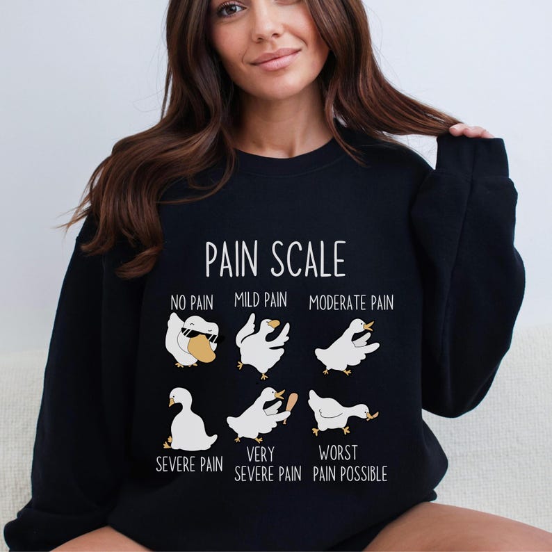 May include: Black sweatshirt with a white graphic of a pain scale using cartoon geese. The scale reads "No Pain", "Mild Pain", "Moderate Pain", "Severe Pain", "Very Severe Pain", and "Worst Pain Possible".